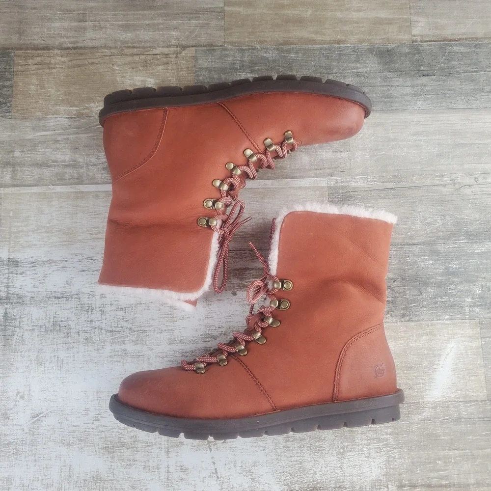 Born Blaine Shearling Booties Womens 10.5 Brown Leather Lace-Up Ankle Boots